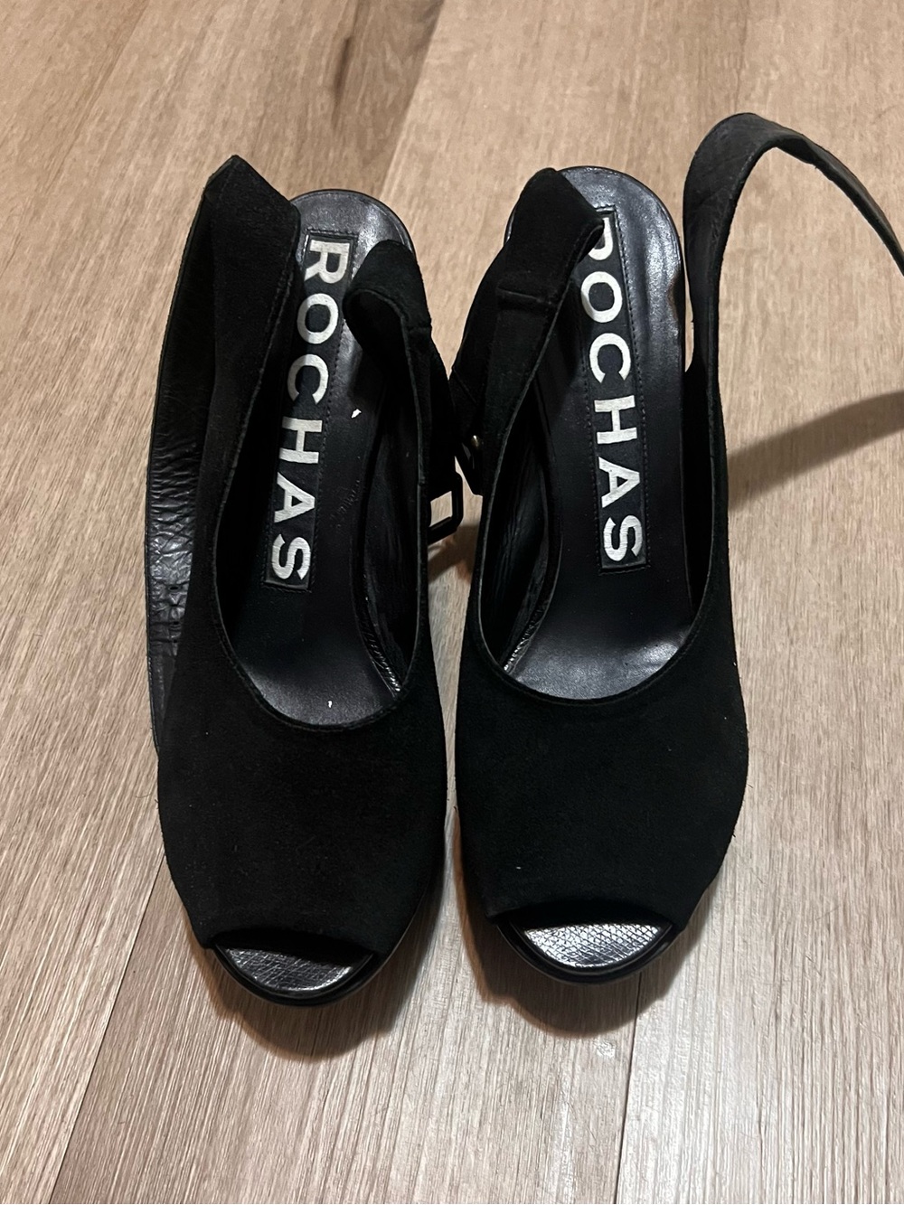 Rochas Black Suede Peep-Toe Slingback Pumps